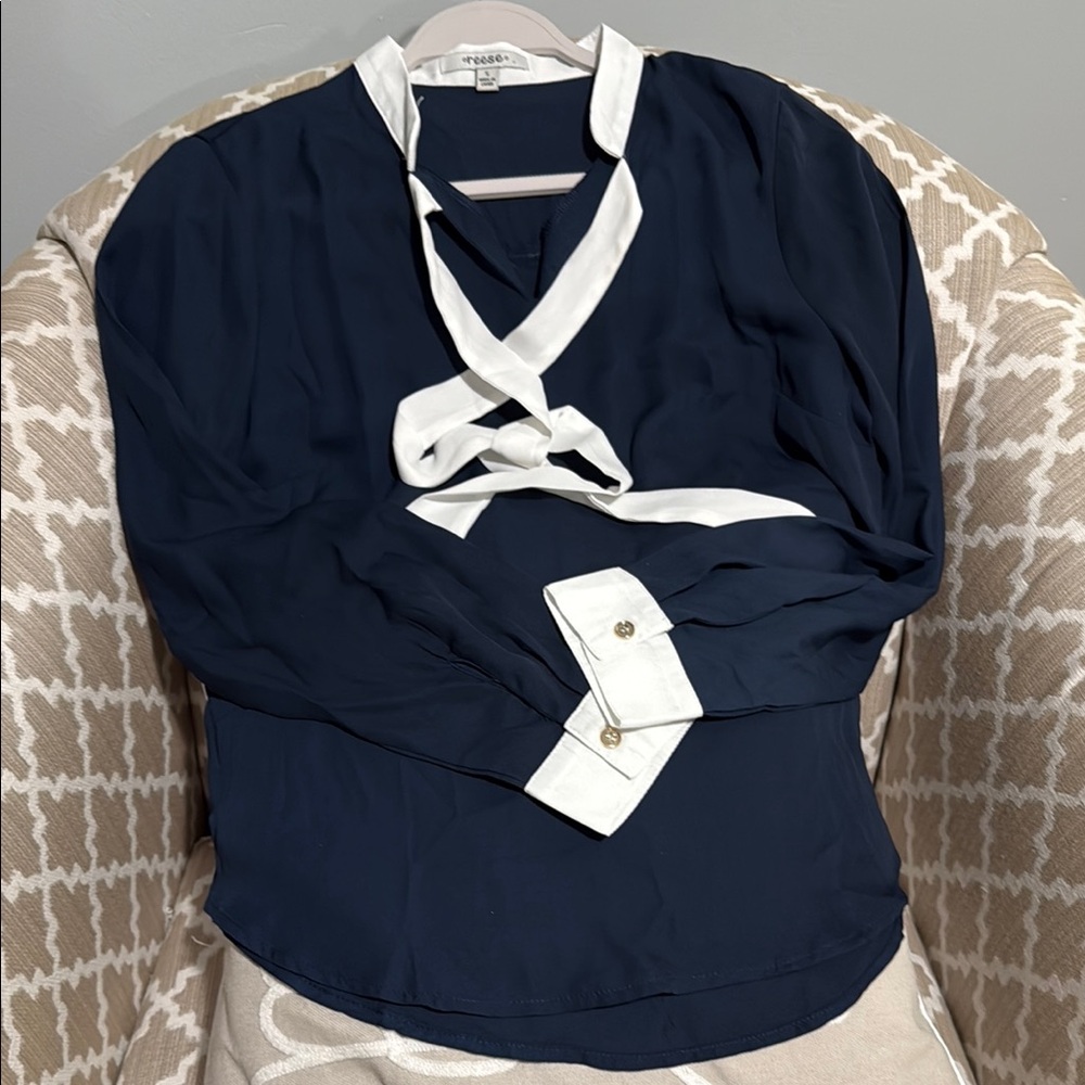 Reese - Blue and White Long Sleeve Tie Front Blouse
